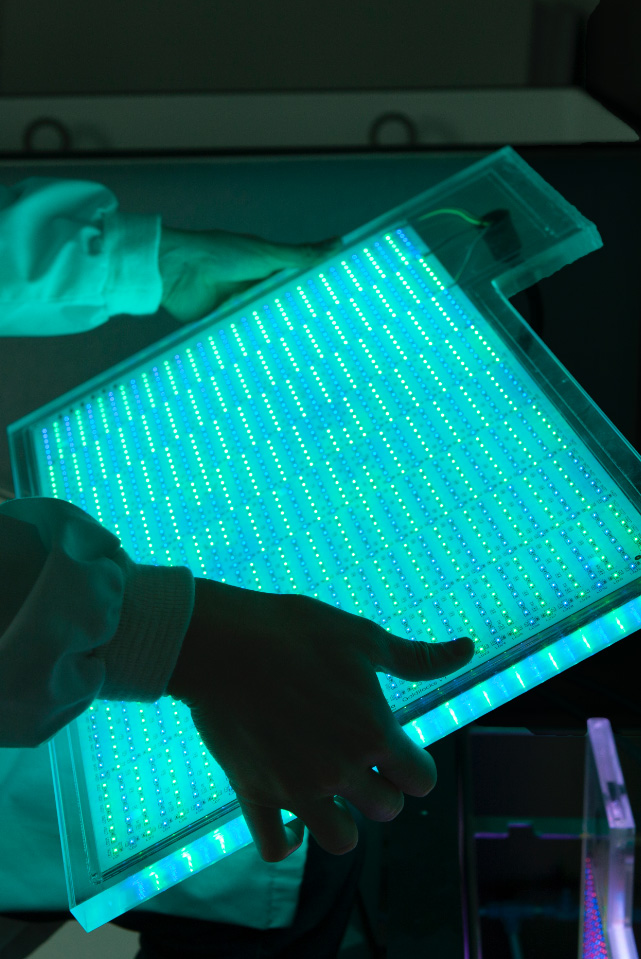 Pair of hands holding a panel glowing blue