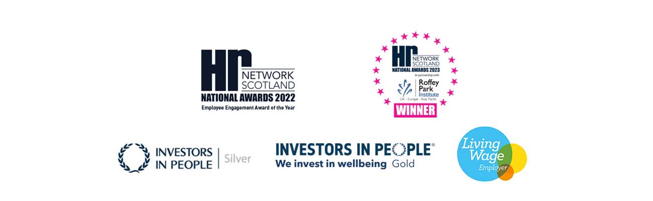 Logos of awards including Investors in People and HR Network Scotland