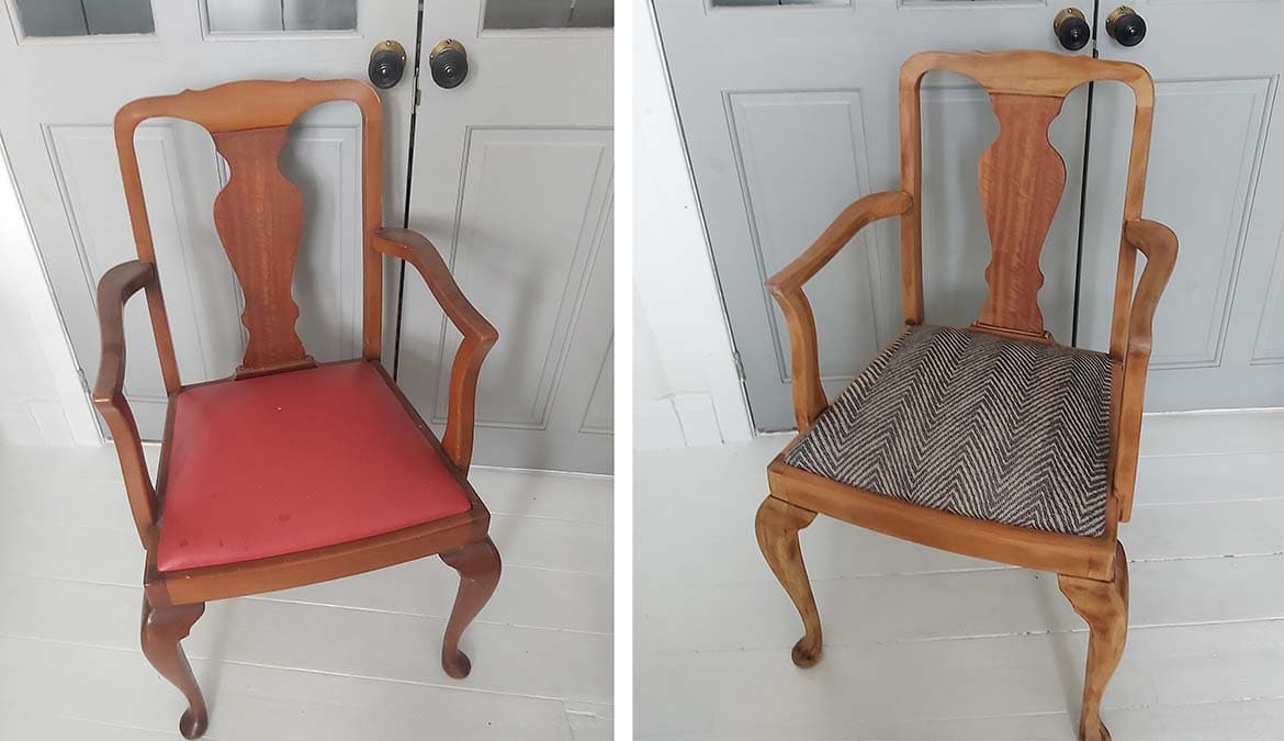 Photo of before and after upcycled wooden dining chairs
