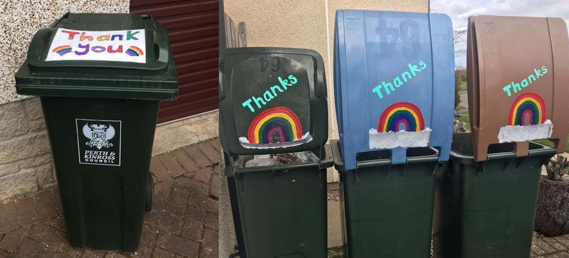 Photos of wheelie bins painted with thank you messages and rainbows