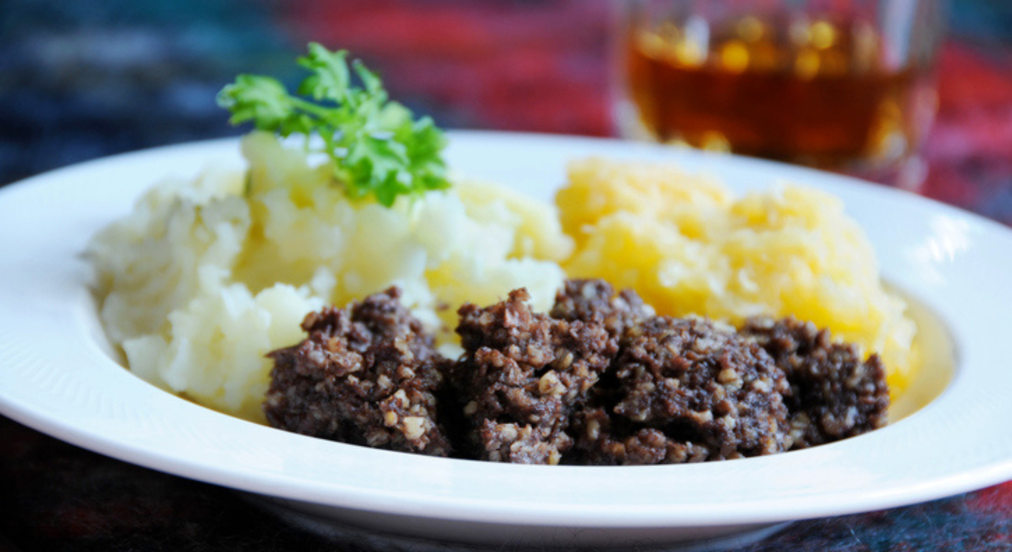Scottish meal of Haggis, neeps and tatties - and of course a wee dram.