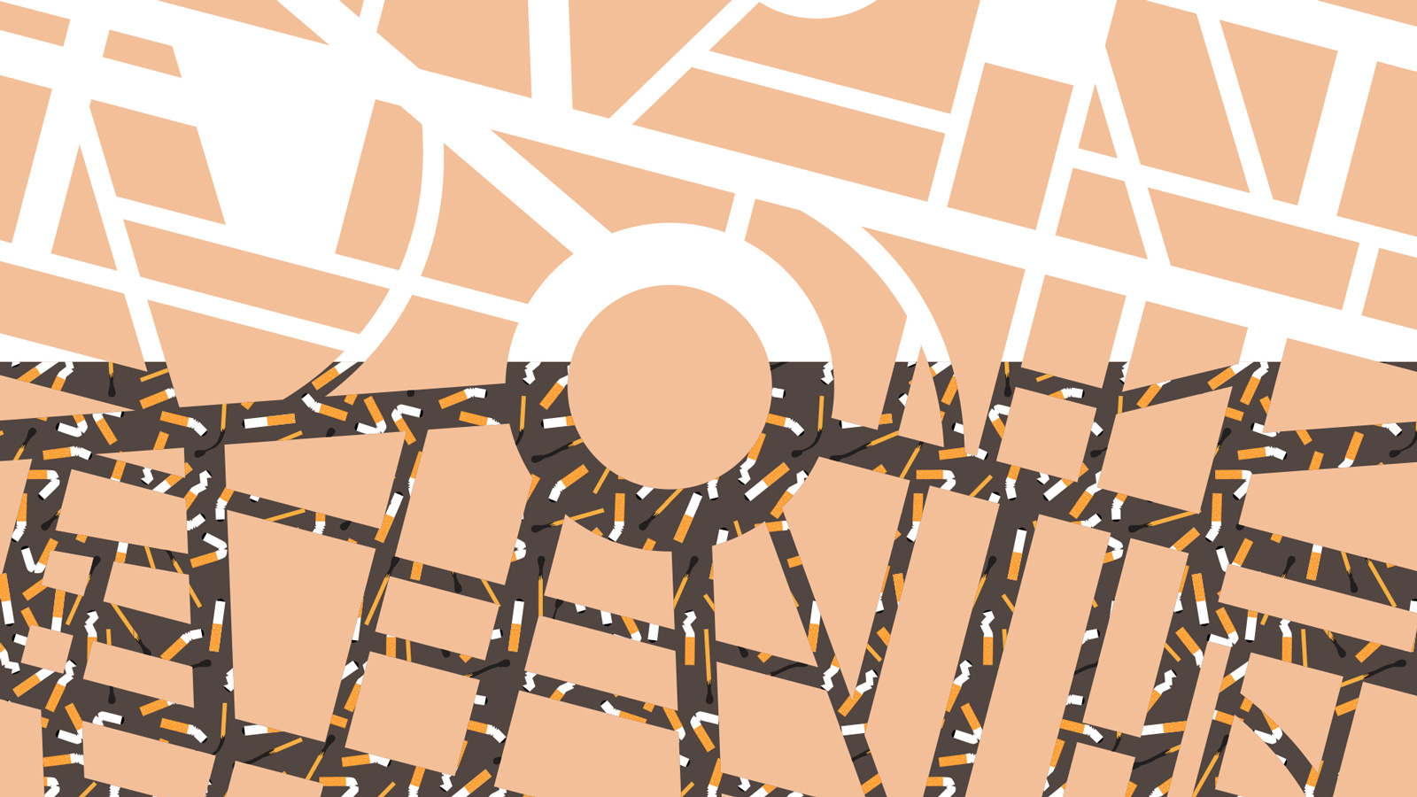Illustration of a map, showing streets being filled with cigarette litter