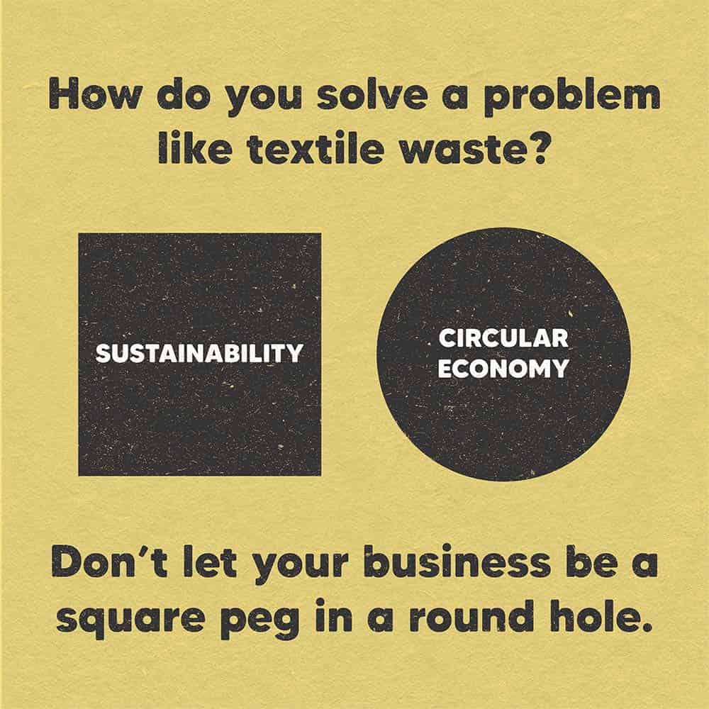 Yellow background with shapes depicting don't let your business be a square peg (sustainability) in a round hole (circular economy)