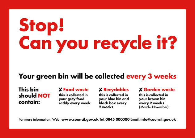 Recycle for Scotland local authority, stop can you recycle it, bin sticker template – 3 weekly