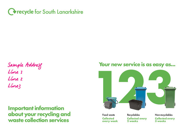 Recycle for Scotland local authority reduced frequency campaign, easy as 1 2 3, envelope template