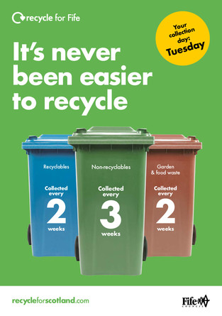 Recycle for Scotland local authority reduced frequency campaign, easy as its never been easier to recycle, A5 leaflet template