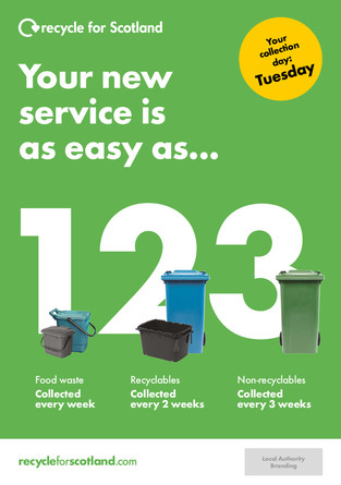 Recycle for Scotland local authority reduced frequency campaign, easy as 1 2 3, A5 leaflet template